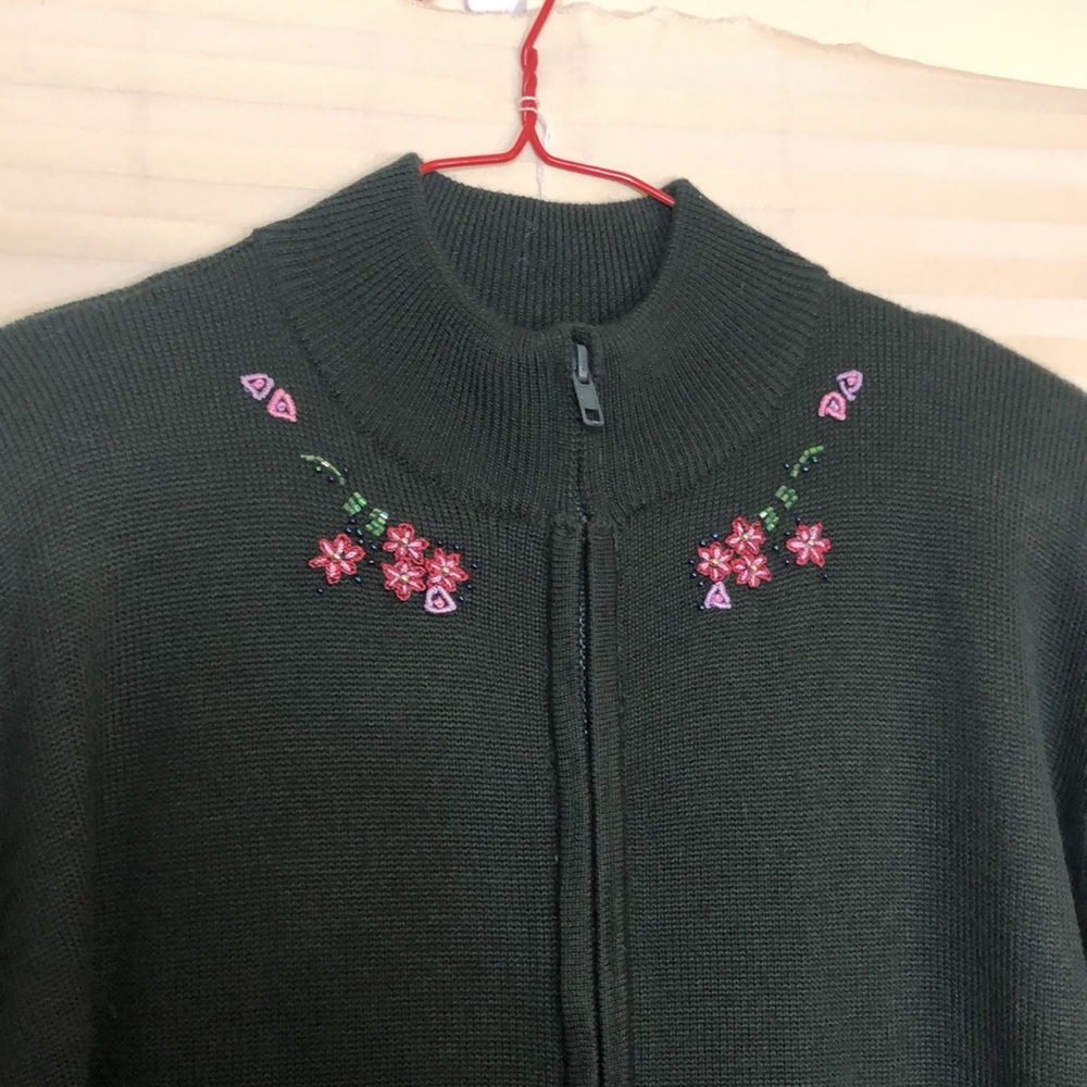 Eric Deep Forest Green Floral Embroidered & Beaded Zip Cardigan L/XL EUC